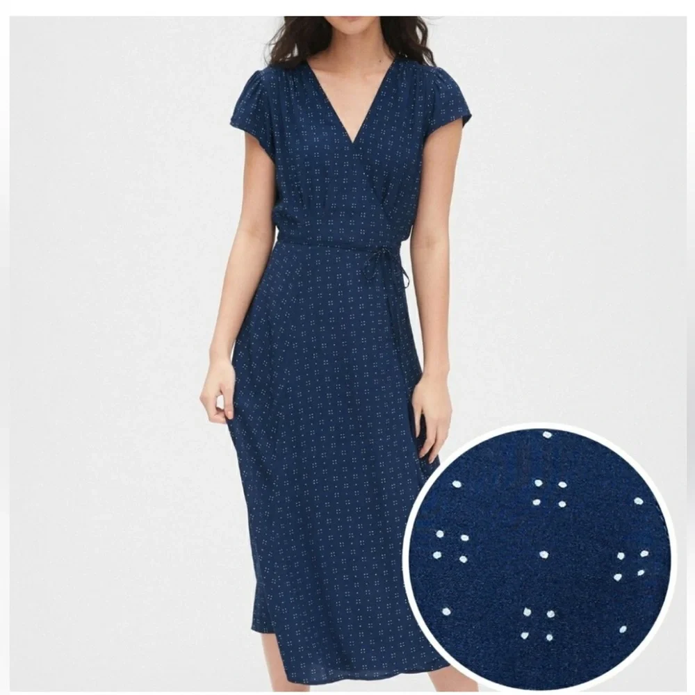 Gap Women’s Navy Blue Dot Print Short Sleeve Full Maxi Wrap Dress Tie Waist Med - Picture 1 of 16